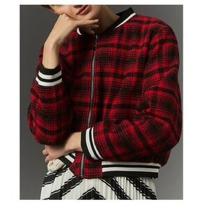 Maeve Plaid Tweed Sporty Bomber Jacket
